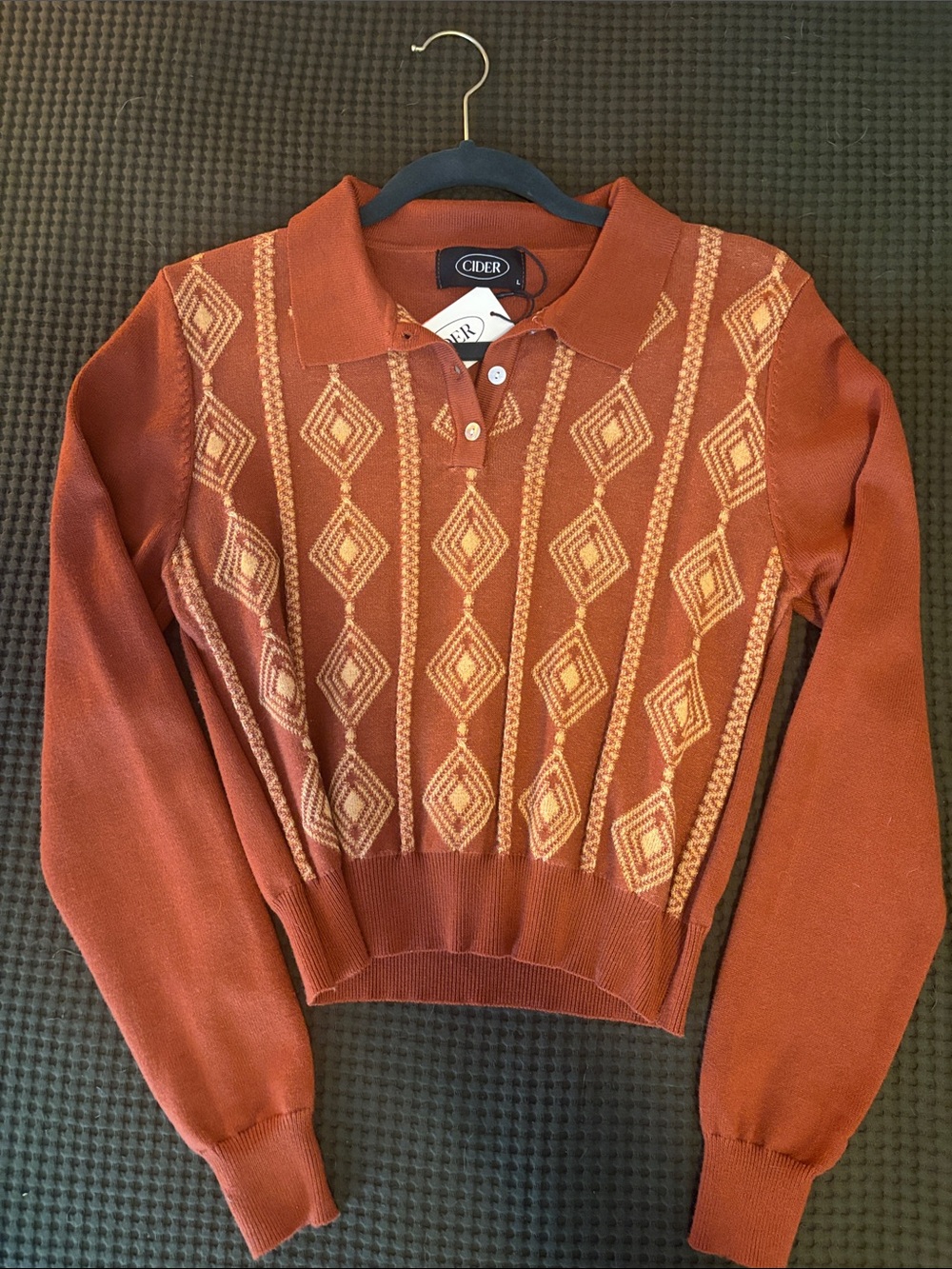 Cider Brand ✨ Retro Rust Geometric Cropped Knit Polo Sweater Size L
